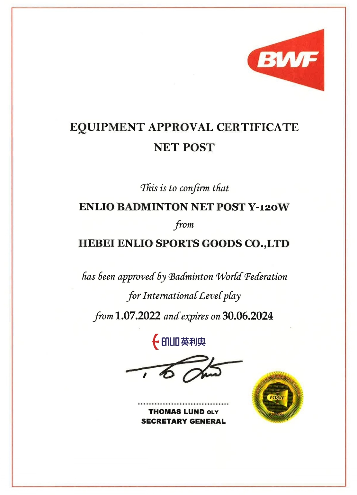 Trụ cầu lông Enlio đạt chứng chỉ BWF